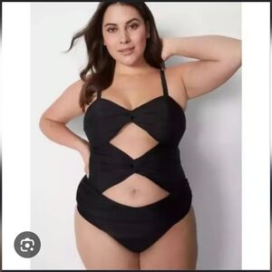 Cacique One Piece Swimsuit Black Cutout Size 32